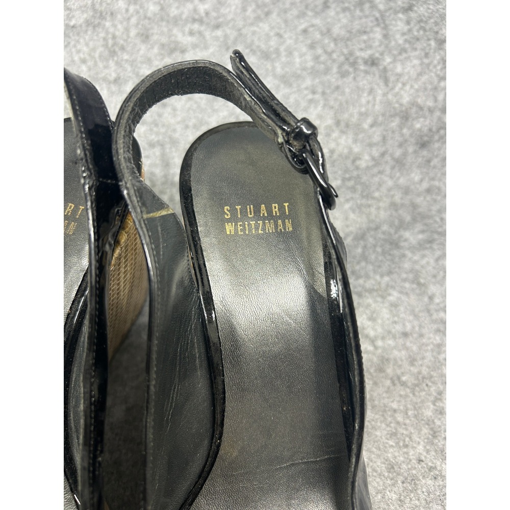 Stuart Weitzman Womens Slingback Wedge 8 Black Patent Leather Bamboo Detail - Picture 4 of 8